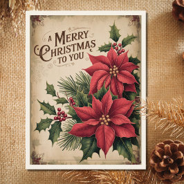 Postal Festiva Vintage Merry Christmas Red Poinsettia 