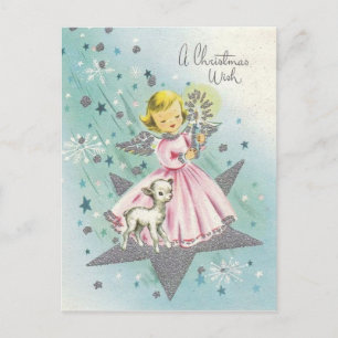 Postal Festiva Vintage Mid Century Navidades Ángel y Cordero