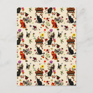 Postal Festiva Vintage Naranja Black Cats Bird Floral Garden