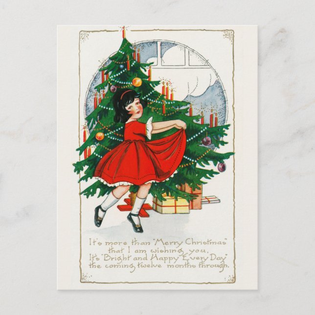 Postal Festiva Vintage navidad, Chica y regalo (Anverso)