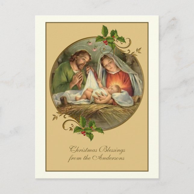 Postal Festiva Vintage Navidades religiosos Jesús María José (Anverso)