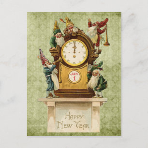 Postal Festiva Vintage-Nuevo-Año-Gnomos