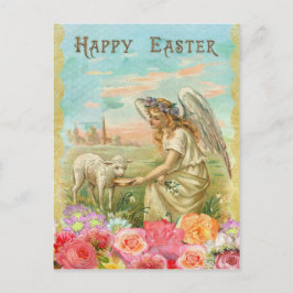 Postal Festiva Vintage Pascua. Ángel y cordero