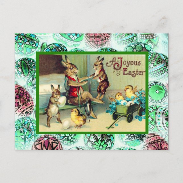 Postal Festiva Vintage Pascua, conejos en casa (Anverso)