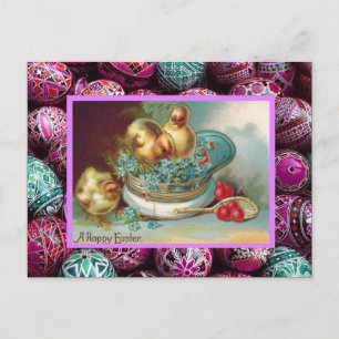 Postal Festiva Vintage Pascua, polluelos en un gorra