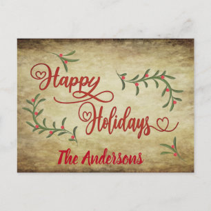 Postal Festiva Vintage Red calligraphy Happy Holidays holly