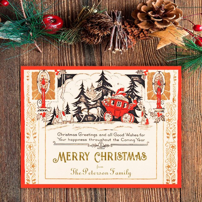 Postal Festiva Vintage Red Christmas Greetings Carriage Snow (Subido por el creador)