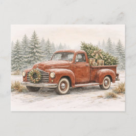 Postal Festiva Vintage Red Watercolor Christmas Truck with Tree