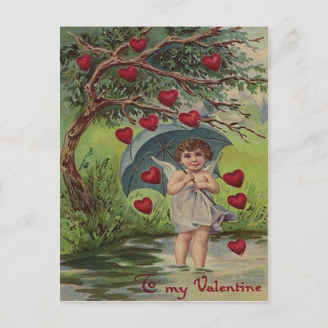 Postal Festiva Vintage Retro Cupid Heart Umbrella Valentine Card (Anverso)