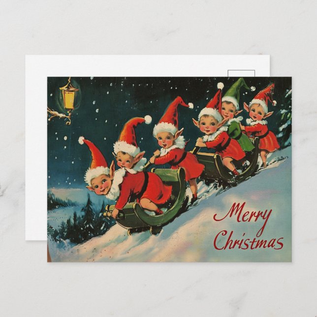 Postal Festiva Vintage Retro Navidad: Duendes en Trineo (Anverso / Reverso)