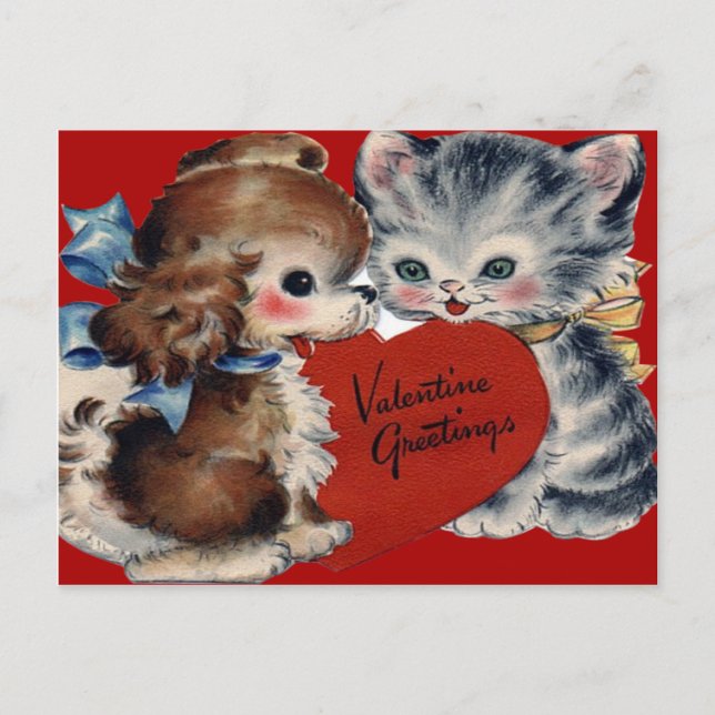 Postal Festiva Vintage Retro Puppy & Kitten Valentcard (Anverso)