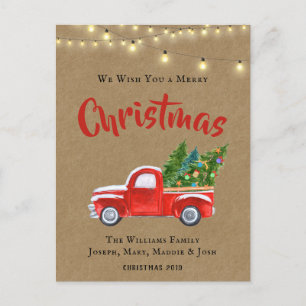 POSTAL FESTIVA VINTAGE ROJO TRUCK WATERCOLOR NAVIDADES RÚSTICOS H