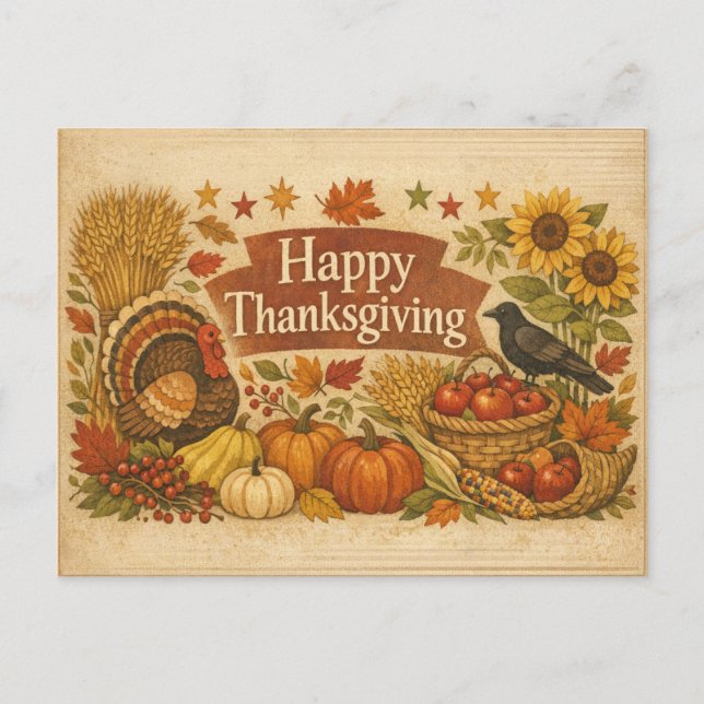 Postal Festiva Vintage Rustic Thanksgiving Turkey Harvest  (Anverso)