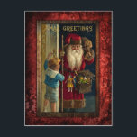 Postal Festiva Vintage Santa Bringing Toys<br><div class="desc">Hermosa obra de arte nostálgica de la era victoriana,  con Santa de la cama roja en la puerta,  que lleva juguetes a un niño pequeño con traje de marinero. Las obras de arte han sido restauradas digitalmente y se han centrado en un fondo de damasco rojo profundo.</div>