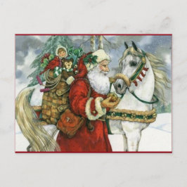 Postal Festiva Vintage Santa Claus alimentando su caballo blanco