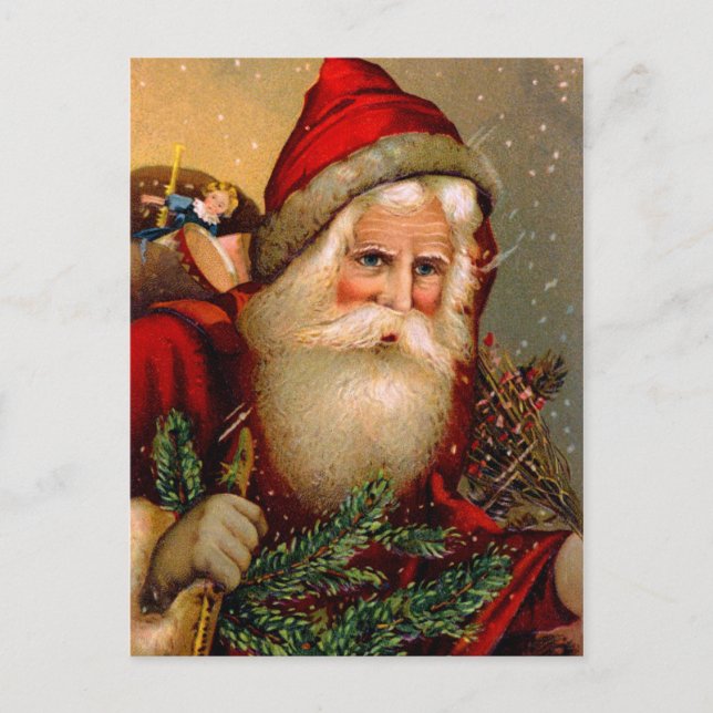 Postal Festiva Vintage Santa Claus con palo (Anverso)