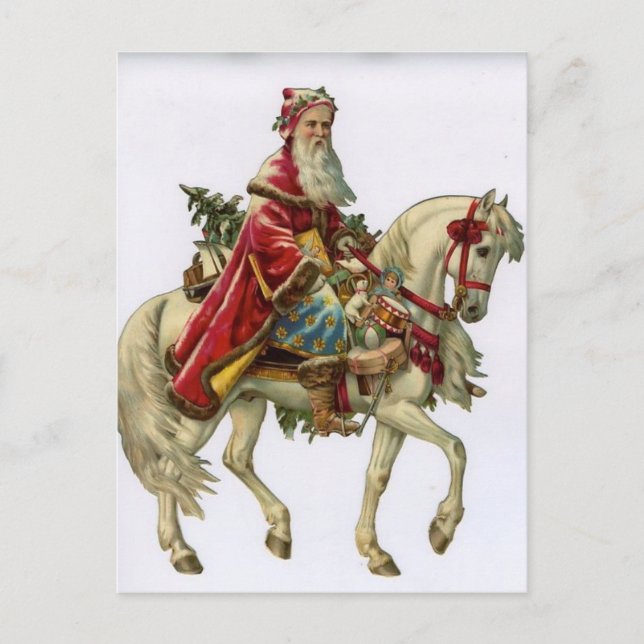 Postal Festiva Vintage Santa Claus montando caballo blanco (Anverso)