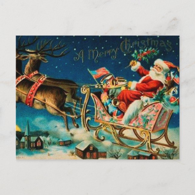 Postal Festiva Vintage Santa Claus Sleigh Navidades (Anverso)