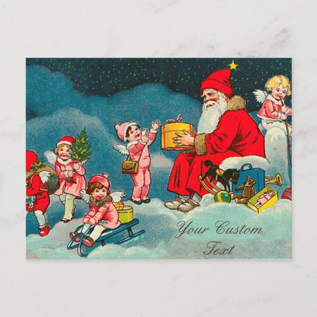 Postal Festiva Vintage Santa con ángeles (Anverso)