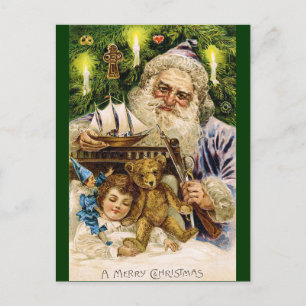 Postal Festiva Vintage Santa con Teddy y Barco