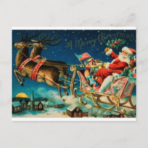 Postal Festiva Vintage Santa en trineo