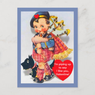 Postal Festiva Vintage Scottish Bagpiper Valentine con Scotty Dog
