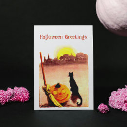 Postal Festiva Vintage Sunset Black cat Pumpkin Halloween