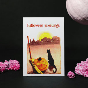 Postal Festiva Vintage Sunset Black cat Pumpkin Halloween