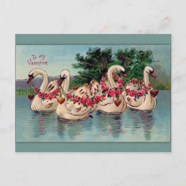 Postal Festiva Vintage Swans and Rosas Valentcard Postcard (Anverso)