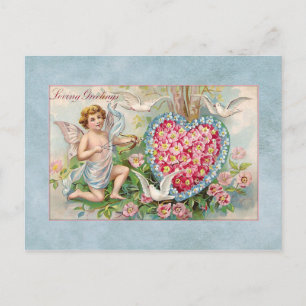 Postal Festiva Vintage Valentine Cupido y Corazón Floral