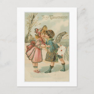 Postal Festiva vintage valentine dos niños besándose