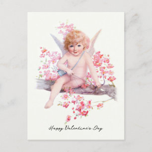 Postal Festiva Vintage Valentine Sonriente Cupido con Bow