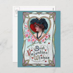 Postal Festiva Vintage Valentine's Day, Elegant Woman in a Heart