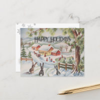 Vintage Winter Scene Rabbit Village Snowman Whimsy
