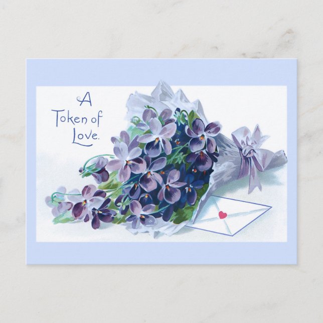 Postal Festiva Violetas de San Valentín antiguas y saludo (Anverso)