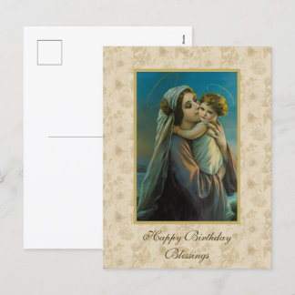 Postal Festiva Virgen María y el Niño Jesús en el fondo floral