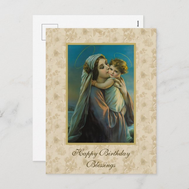 Postal Festiva Virgen María y el Niño Jesús en el fondo floral (Anverso / Reverso)