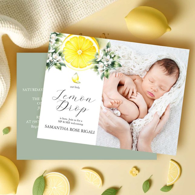 Postal Festiva Visitas de colocación de limón Sip y Ver (Sip and see baby shower invitations watercolor lemon theme with photo by Victoria Grigaliunas)