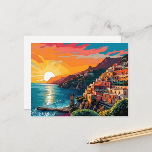 Postal Festiva Vista de la costa de Amalfi Italia Magneet (Anverso/Reverso In Situ)