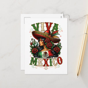Postal Festiva Viva México Bandera Rosa Día de la Independencia d
