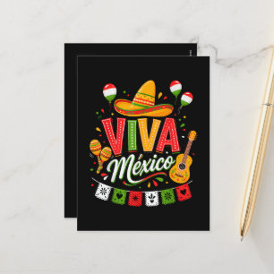 Postal Festiva Viva México Sombrero Mexicano Maracas