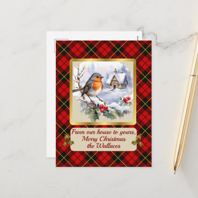 Postal Festiva Wallace Escudo y Tartan w/Robin Xmas Personalizada (Anverso/Reverso In Situ)