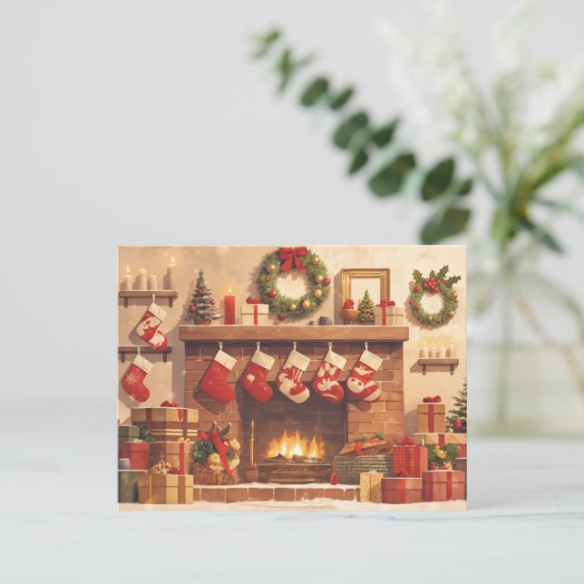 Postal Festiva Warm Christmas Fireplace Scene (Anverso de pie)