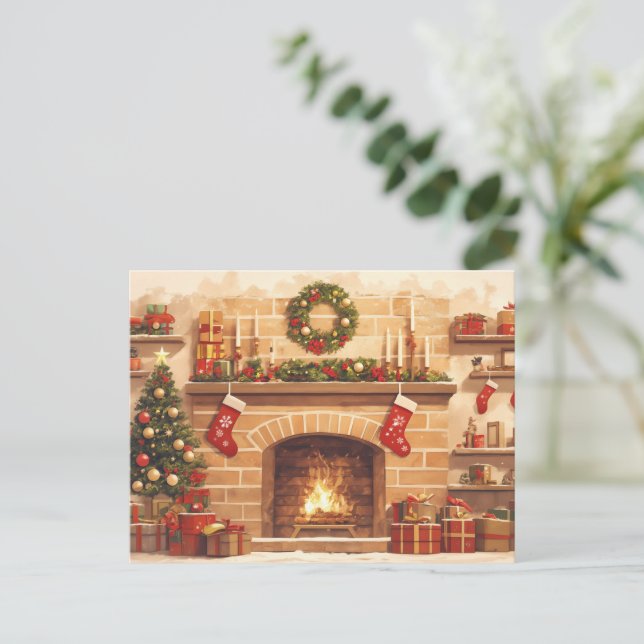 Postal Festiva Warm Christmas Fireplace Scene (Anverso de pie)