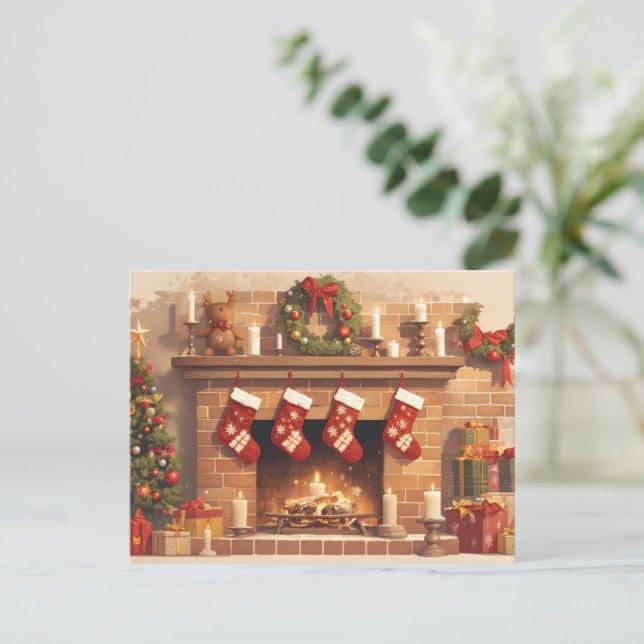 Postal Festiva Warm Christmas Fireplace Scene (Anverso de pie)