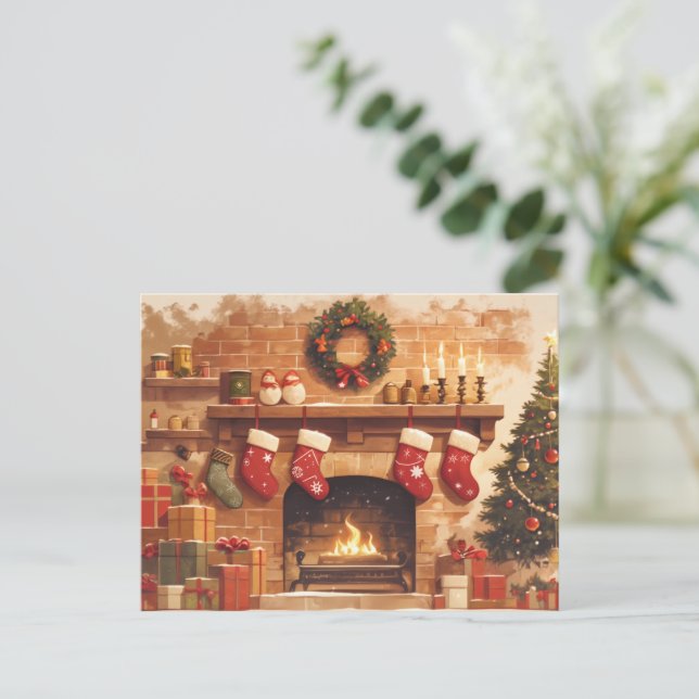 Postal Festiva Warm Christmas Fireplace Scene (Anverso de pie)