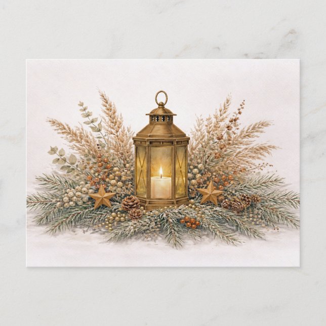 Postal Festiva Warm Neutral Watercolor Christmas Lantern  (Anverso)