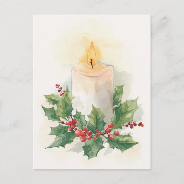 Postal Festiva Warm Watercolor Candle and Holly (Anverso)
