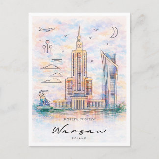 Postal Festiva Warsaw Skyline Watercolor | Poland Cityscape