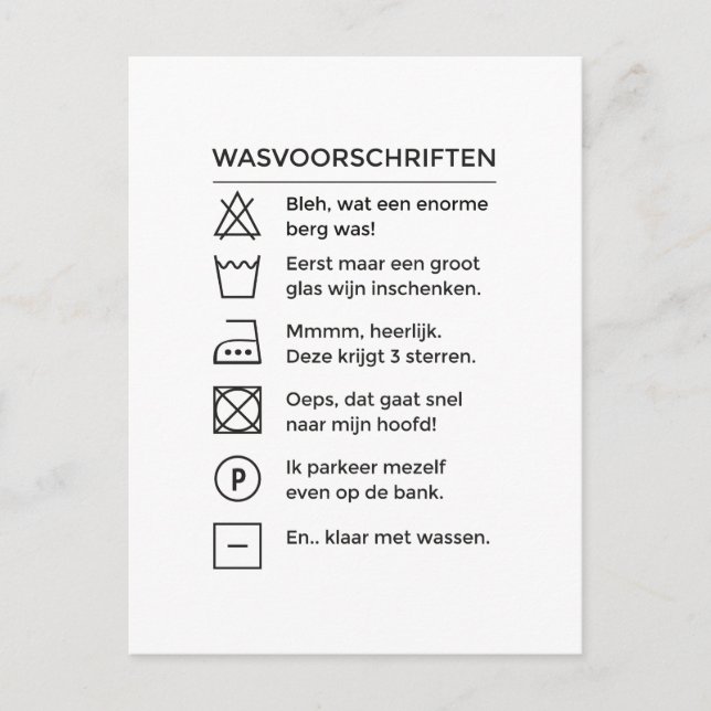 Postal Festiva Wasvoorschriften met wijn, grappige tekst kaart (Anverso)